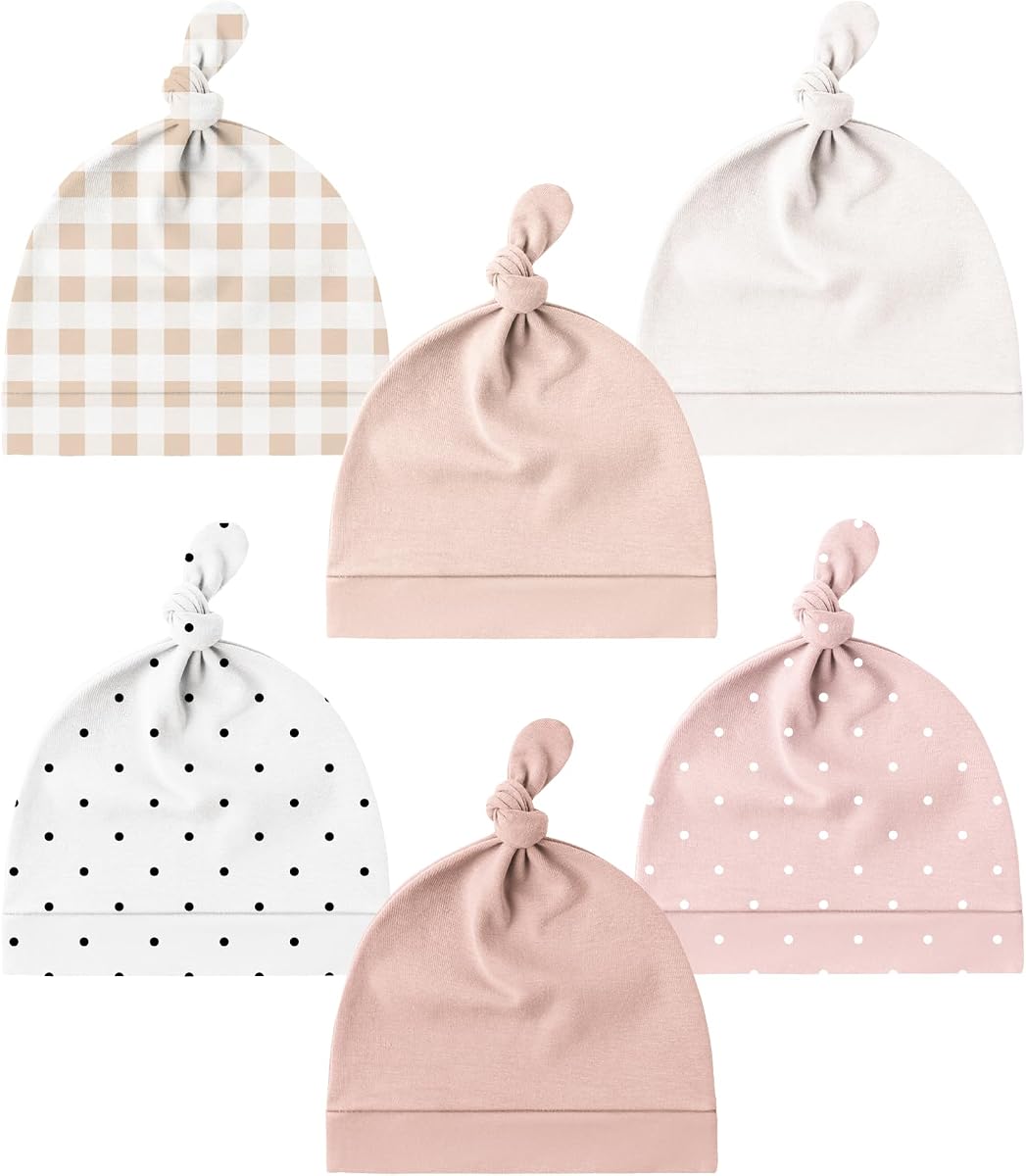 Pack de 6 gorros de bebé recién nacido Konssy, gorro para bebé niña niño, 0-6 meses | Tejido suave y elástico con manteca, diseño de nudos y transpirable, lavable a máquina, gorro de hospital para bebés prematuros y recién nacidos