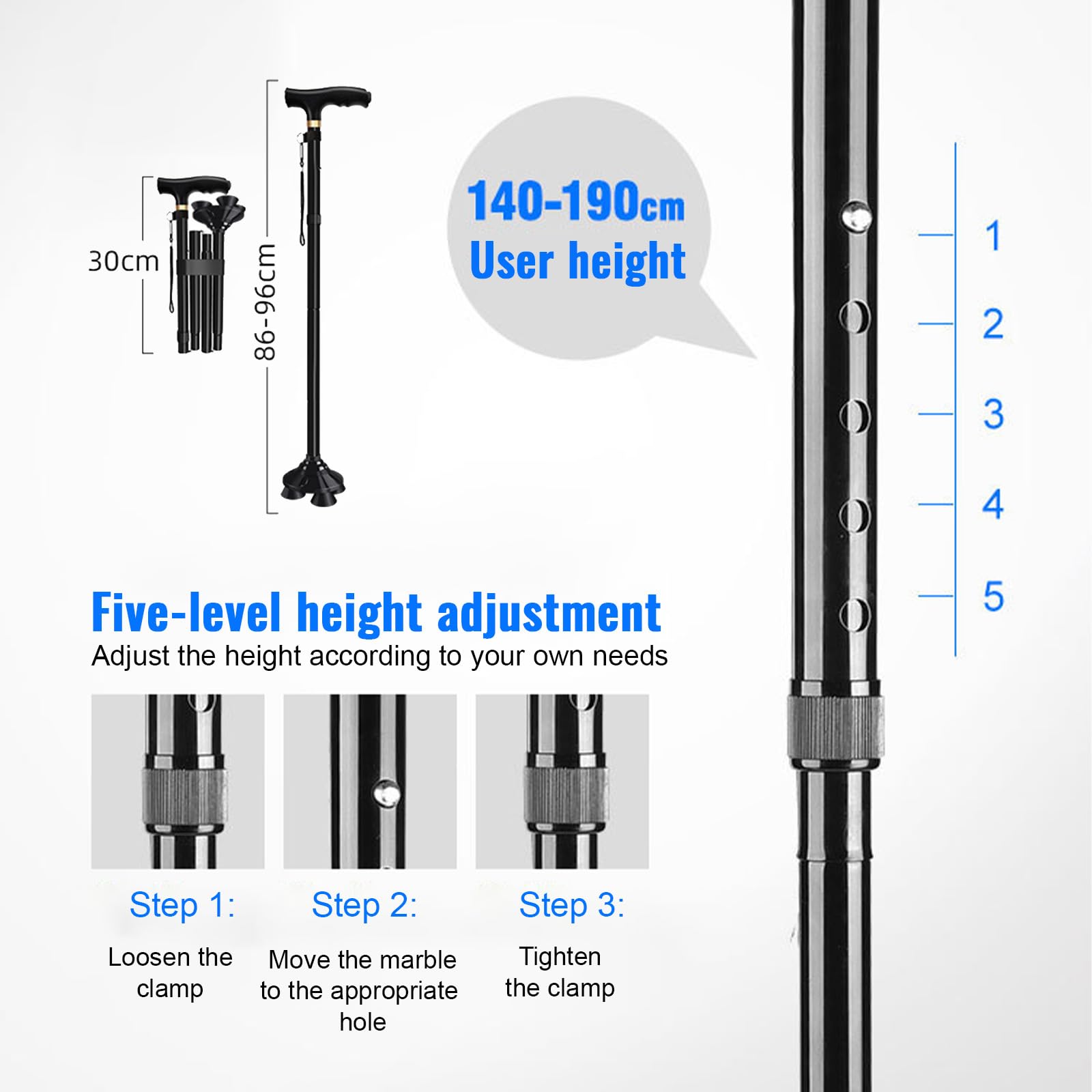 Bastón Plegable con Luz LED Ligero Portátil Bastón de Viaje 5 Niveles Altura Ajustable Base Antideslizante 4 Puntos para Hombres y Mujeres