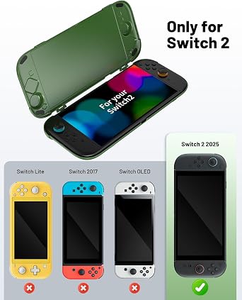 Case for Switch 2 , OLCLSS Carrying Case for Nintendo Switch 2, Drop Protection, Transparent Acrylic Hard Shell with 10H Tempered Glass, Includes 2 Screen Protectors, 8 Thumb Grip Caps and 6 Dust Plugs,Compatible with Nintendo Switch 2- Green