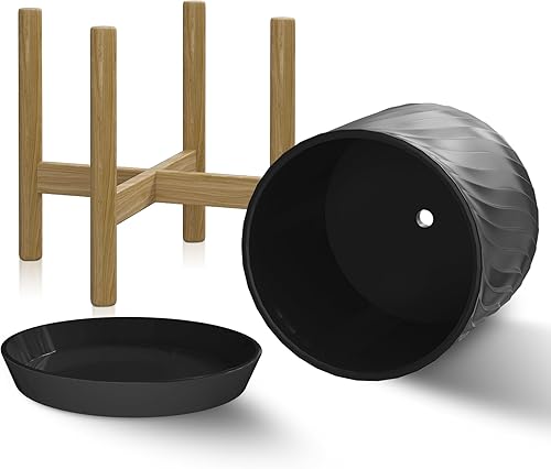 Miniatura 2 de Maceta de cerámica de 6.5 pulgadas con soporte, incluye orificio de drenaje y platillo, maceta de escritorio moderna de mediados de siglo para