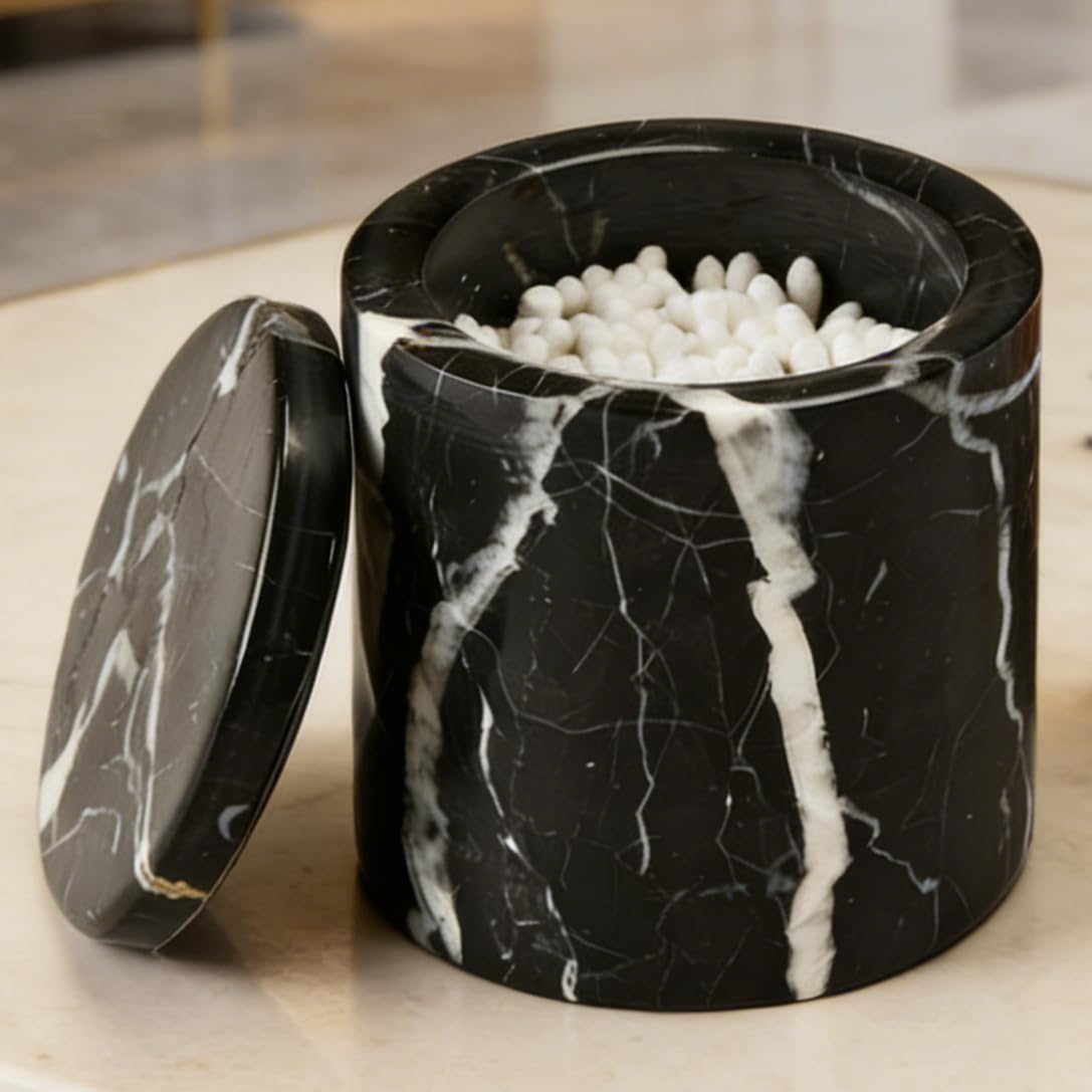 Black Marble Otip Holder Dispenser with Lid, Natural Marble Canister, High Capacity Bathroom Qtip Holder Storage, Natural Bathroom Organizer for Cotton Swabs,Balls,Pads,Floss Picks (Large)