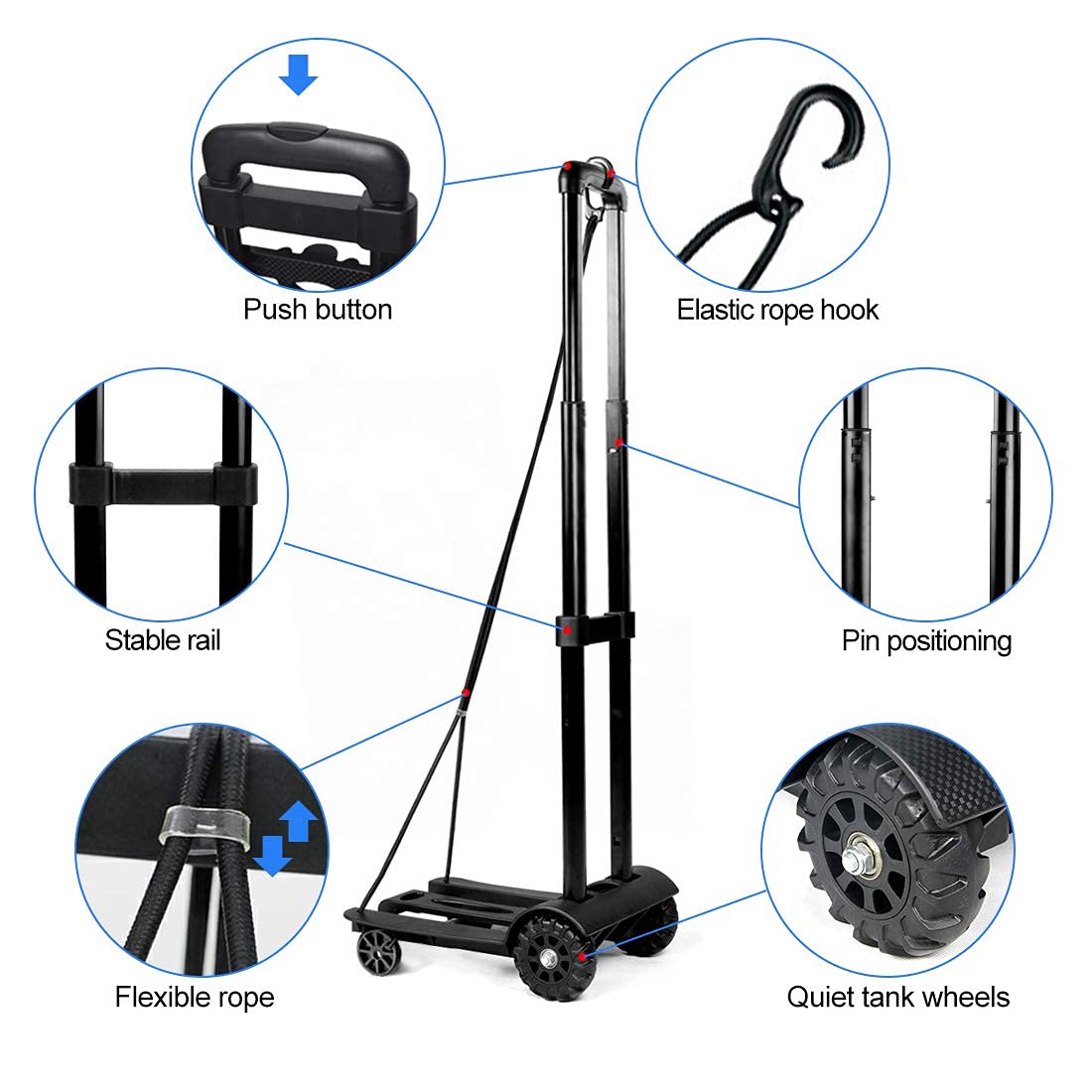 Carrello Pieghevole, 50 kg Carrello con Ruote Portatutto con 2 Corde Elastiche, Carrello Pieghevole per la Spesa e il Sollevamento di Carichi Pesanti