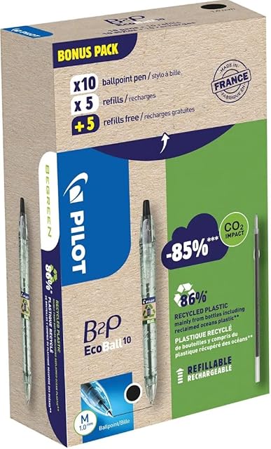 PILOT 94296 Bonuspack 10 Pens +10 Refill B2P, Ecoball Tip, 1 mm, Black, 32