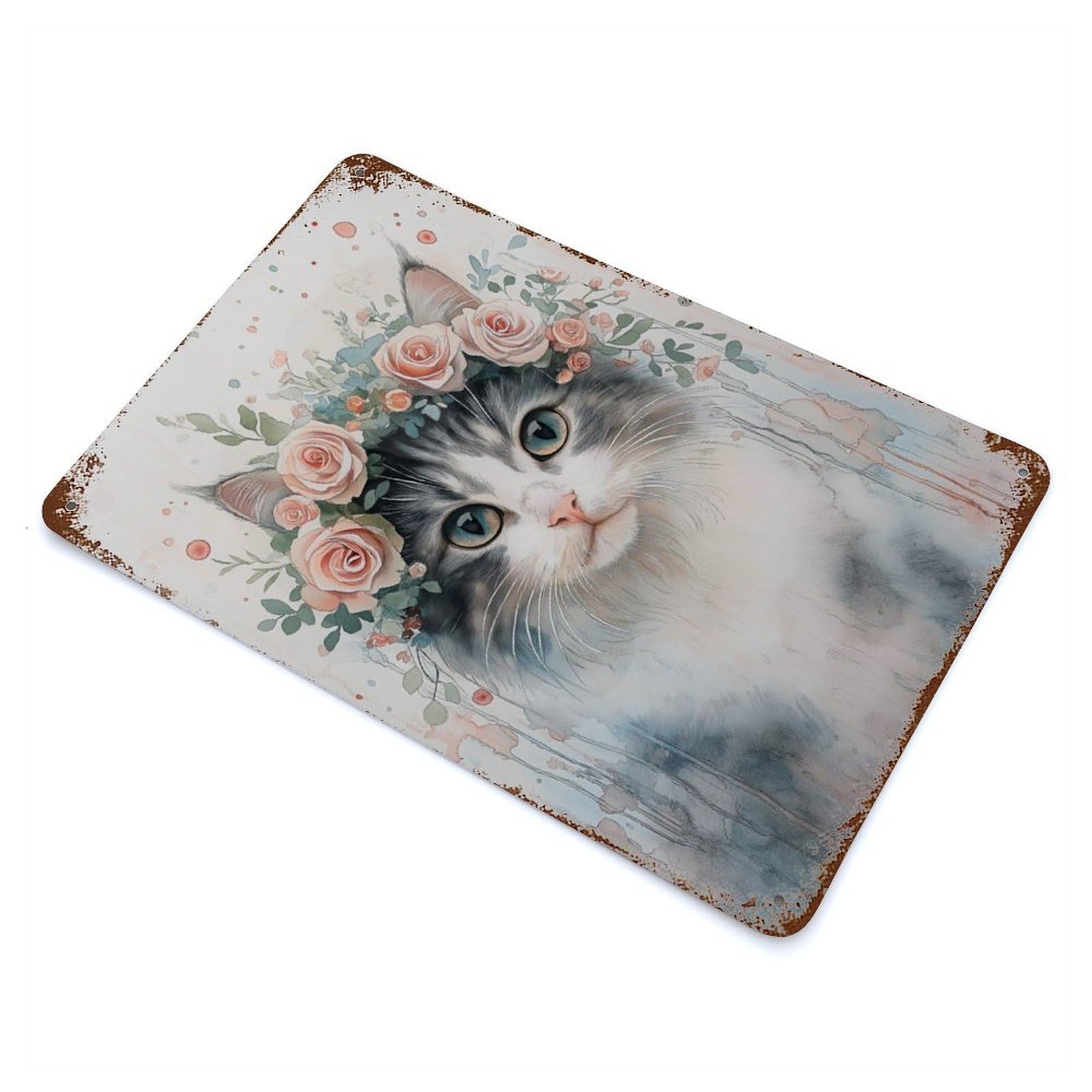 Distressed Metal Wall Sign with Cat with Floral Crown Design 11.8"x7.9", for Farmhouse, Kitchen And Entryway Decor, Old School Wall Decor