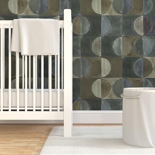 Miniatura 6 de Spoonflower Removable Wallpaper Swatch - Stone Tiles Black Brown Green Circle 70S Moon Neutral Custom Pre-Pasted Wallpaper