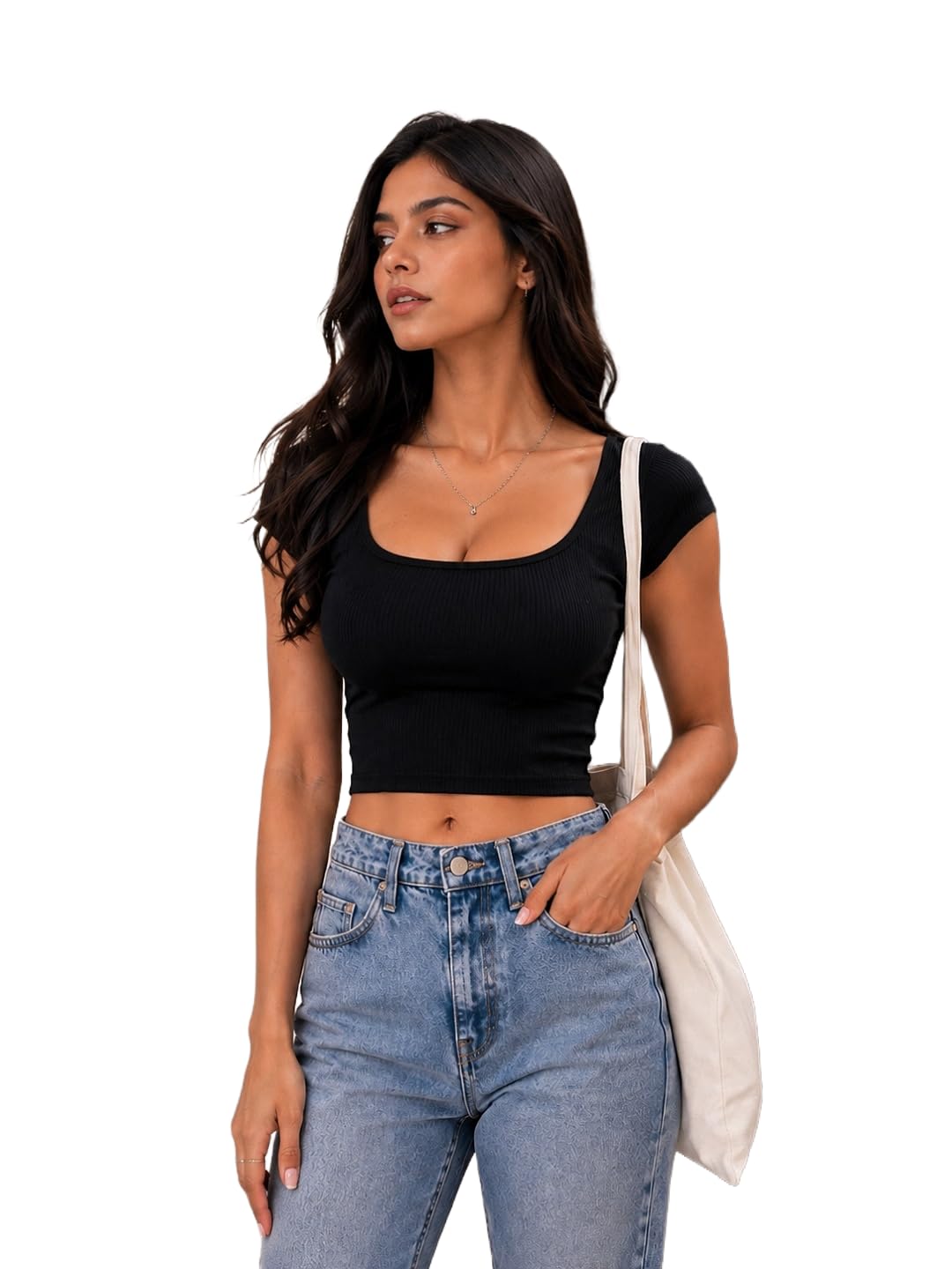 Women Ribbed Square Neck Crop Top | Half Sleeve Stretch Slim Fit Casual Solid T-Shirt for Women | Soft Knitted Crop Top-image-10