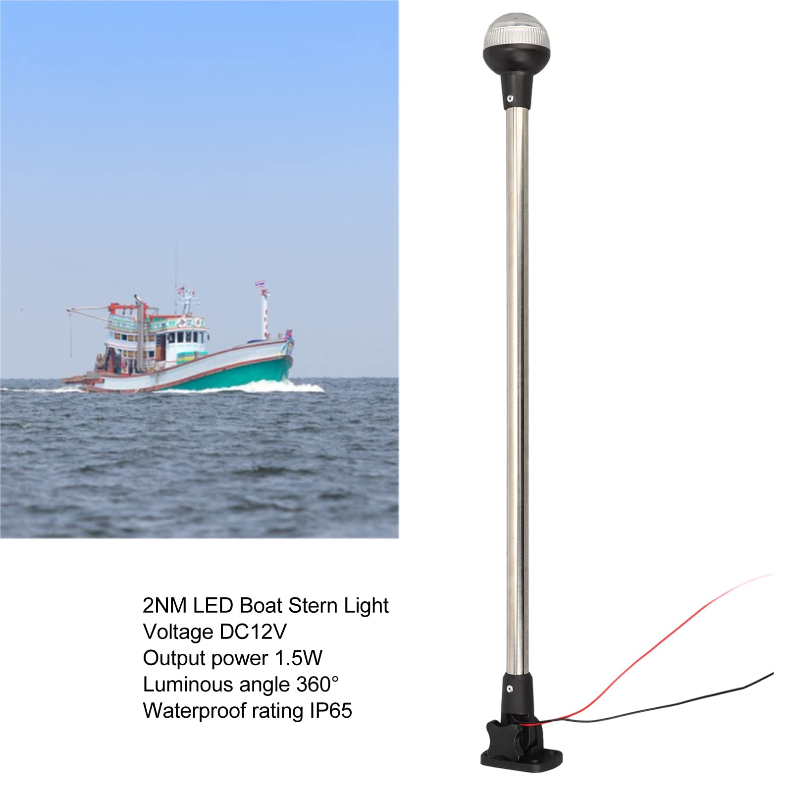 Luce a LED per barca, luce di ancoraggio per barca, IP65, PC, impermeabile, lega di alluminio, CC 12 V, 1,5 W, 63,5 cm, per pesca