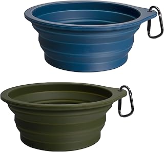PetBonus Hundenäpfe Faltbar Hundenapf, 2 Stück Silikon Wassernapf für Hunde Unterwegs, Tragbar Auslaufsichere Reisenäpfe mit Karabiner für Hunde Katzen für Wasser und Futter (Armeegrün, Marineblau) product image