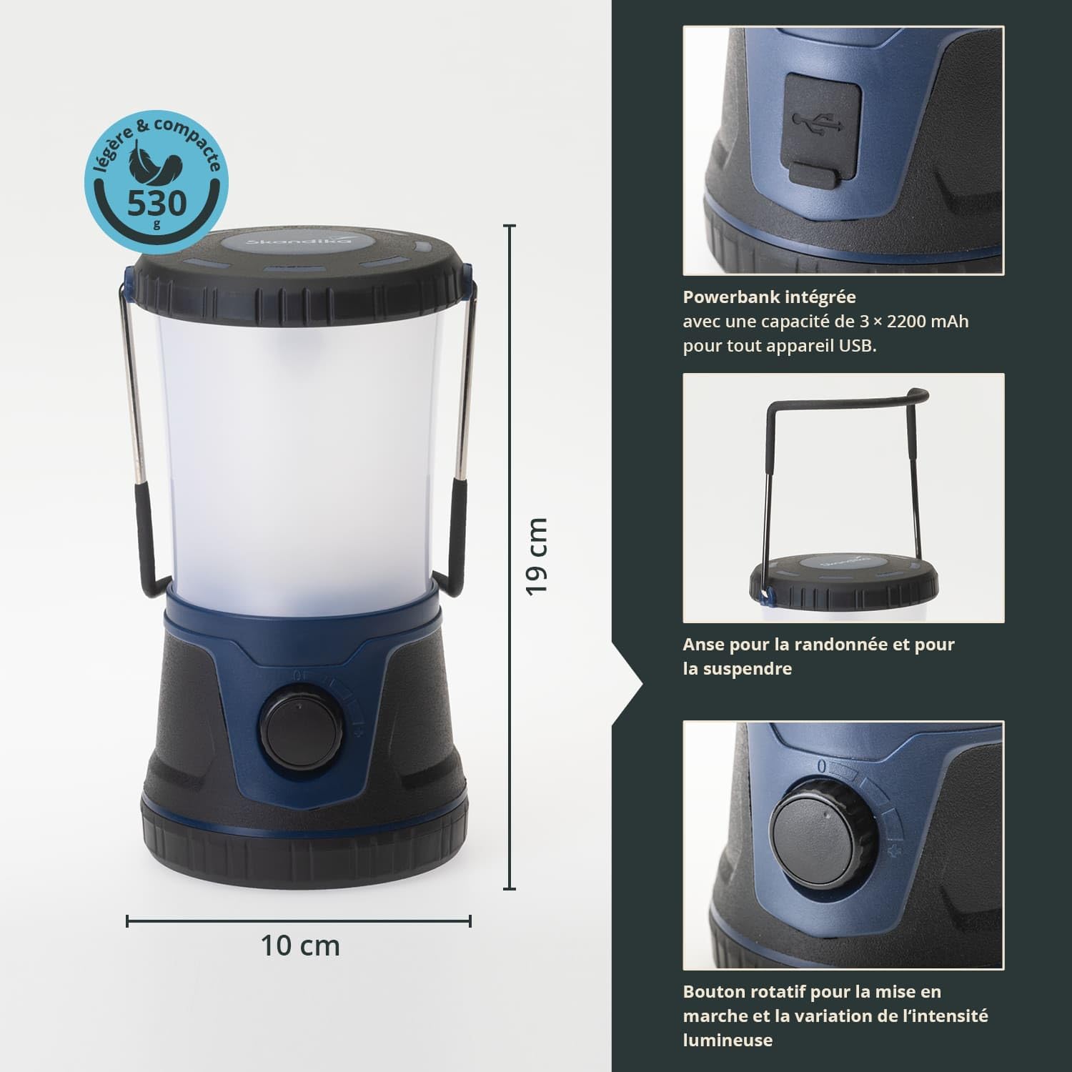 Skandika Lampe de camping Talvik | Lampe LED, 1500 lumens, rechargeable, 4400 mAh, intensité variable, fonction powerbank | Lampe pour le camping, le plein air, la randonnée Lampe de secours