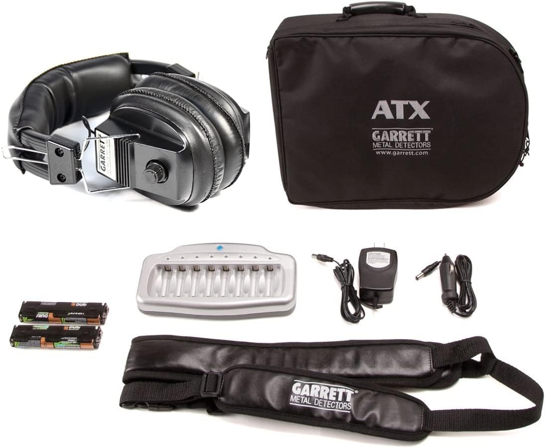 Garrett ATX Extreme accessories including headphones, charger, batteries, and carry bag