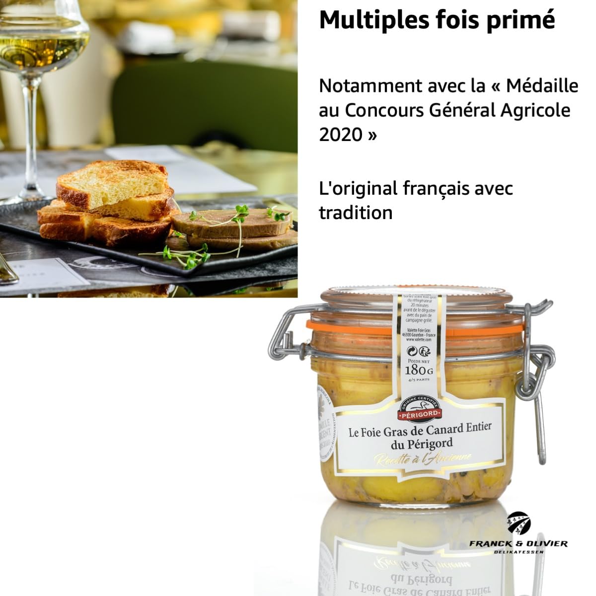 Foie Gras de Canard Entier 180g en Bocal, IGP Périgord, Origine Protégée