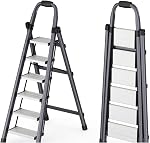6-Step Échelle pliante avec barre de maintien, larges pédales antidérapantes, design pliable à éclaboussure d'espace, cadre triangulaire stable, étagère en acier au carbone pour cuisine, placard, bureau, gris