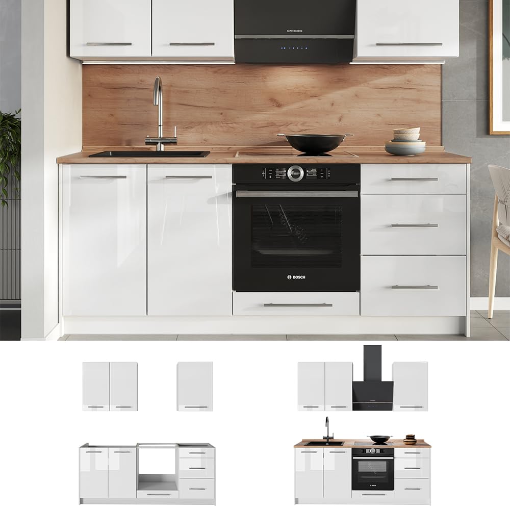 Vicco Singleküche Fame-Line, Weiß Hochglanz/Weiß, 190 cm | AP Marmor, zur individuellen Erweiterung mit kompatiblen Modulen