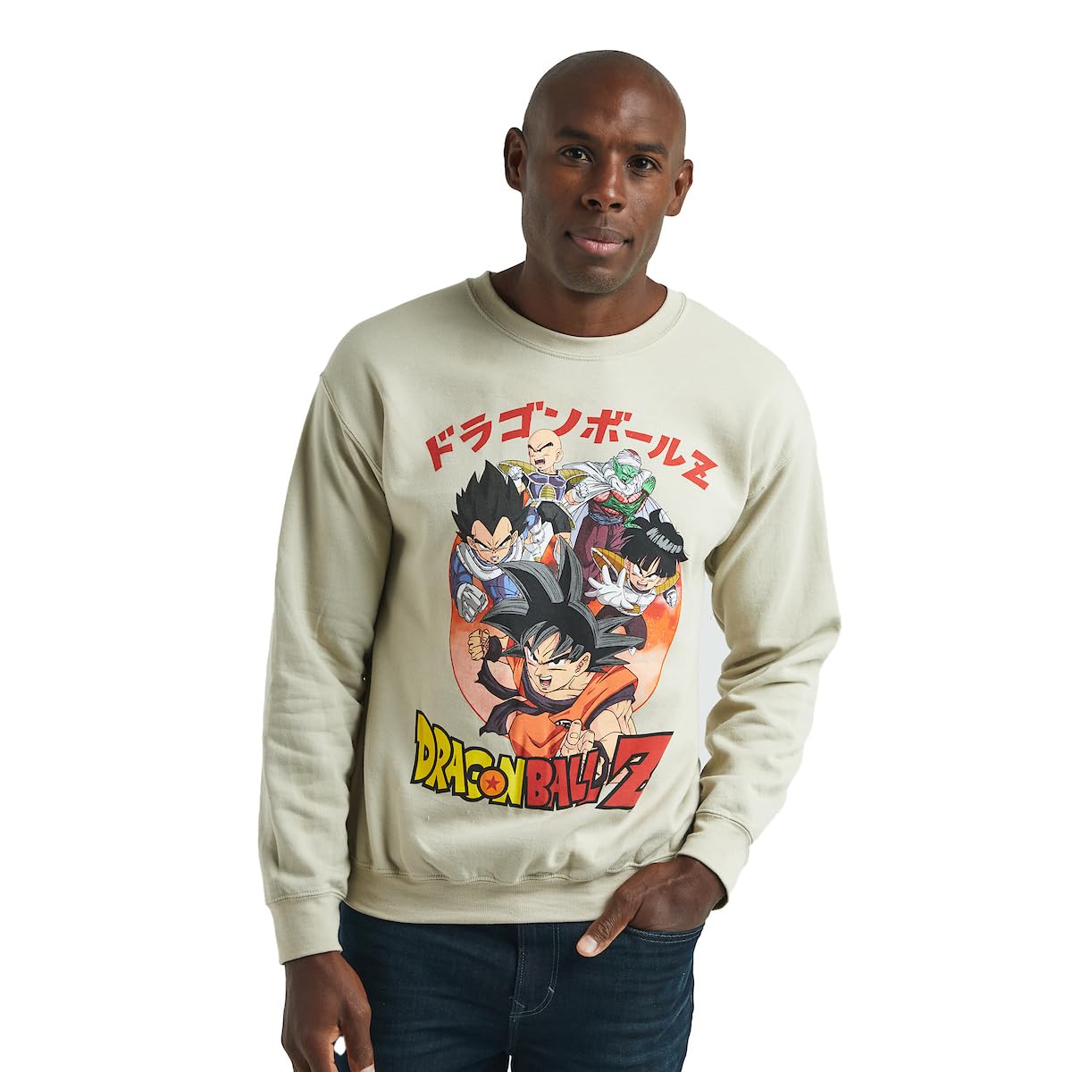 Bioworld Dragon Ball Z Hero Group & Dragon Ball Crew Neck Long Sleeve Tofu Reversible Sweatshirt, Off-white, XL