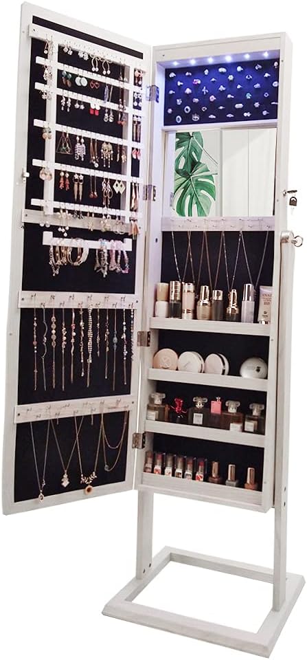 Bonnlo Upgraded 6 LEDs Jewelry Cabinet Armoire with Square Base & 4 Adjustable Angle, Freestanding Lockable Jewelry Organizer with Extra Inner Mirror