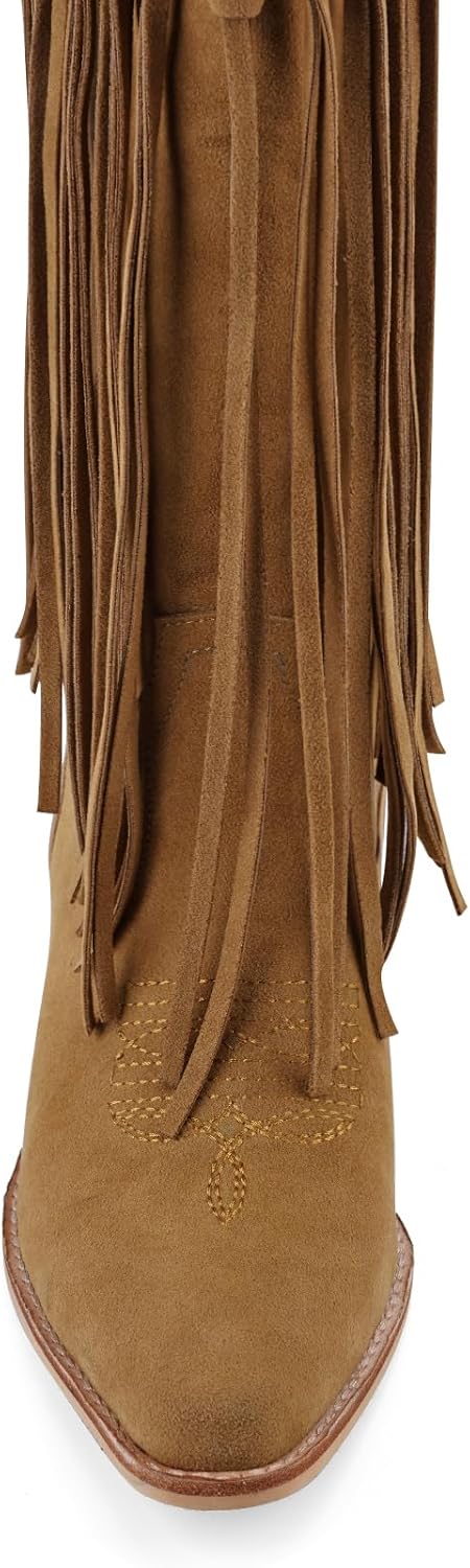 Fringe Knee High Cowgirl Boots for Women Embroidered Pointed Toe Chunky Block Heel Cowboy Western Tassel Boot - Image 8