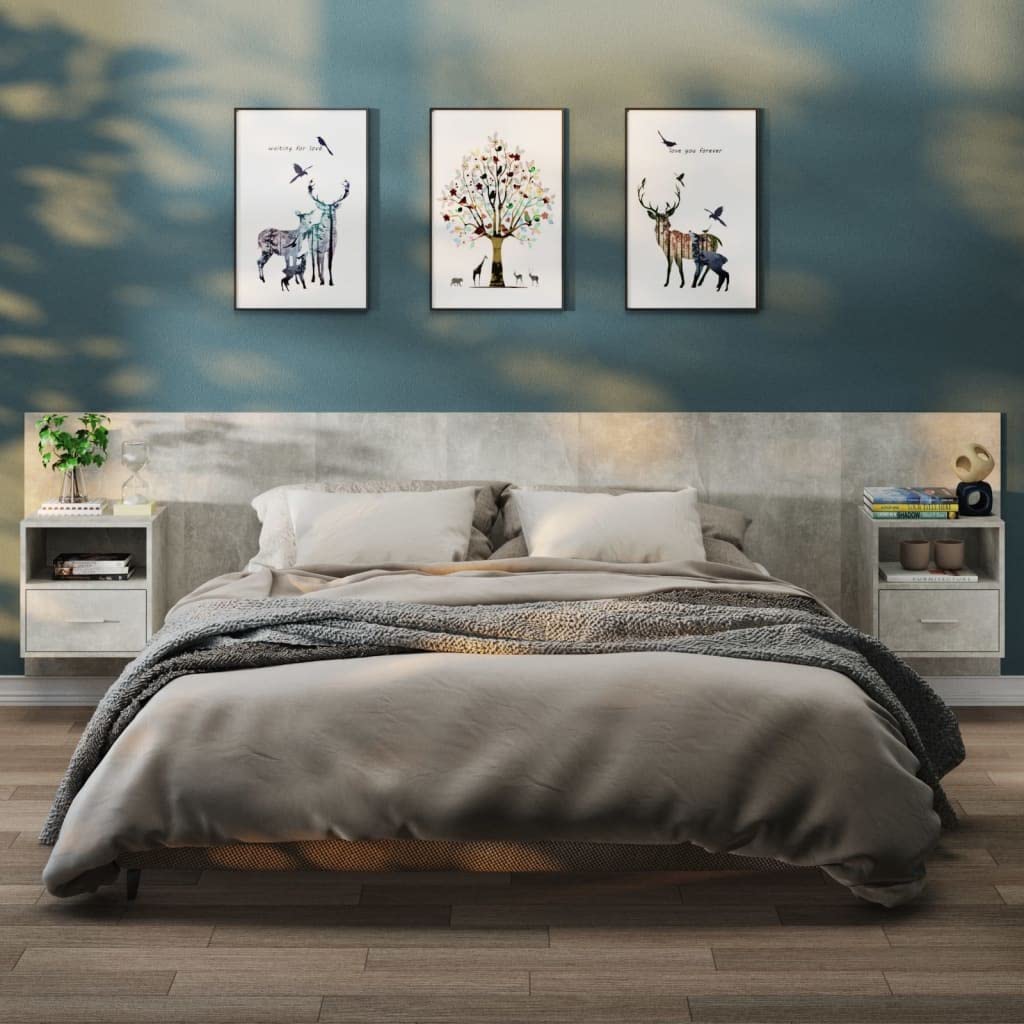 Tables de chevet murales gris béton avec tiroir de rangement suspendu lot de 2