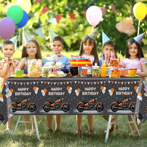 Image of MEHOFOND 3pcs Motorcycle Birthday Plastic Tablecloth, Black and Orange Motocross Racing Happy Birthday Disposable Table Cover, Extreme Sports Birthday Party Decorations, Rectangle 108 x 54 Inch