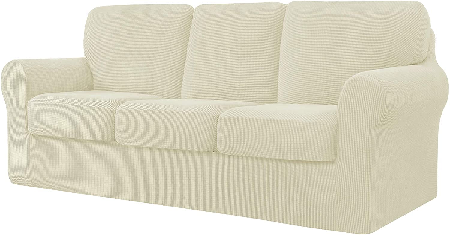 WJHDWYD 7 Pieces Stretch Sofa Cover, Sofa Cover with Three Separate Backs and Cushions with Elastic Band, Checked Spandex Jacquard Fabric(Avorio,3 posti (185-235 cm))