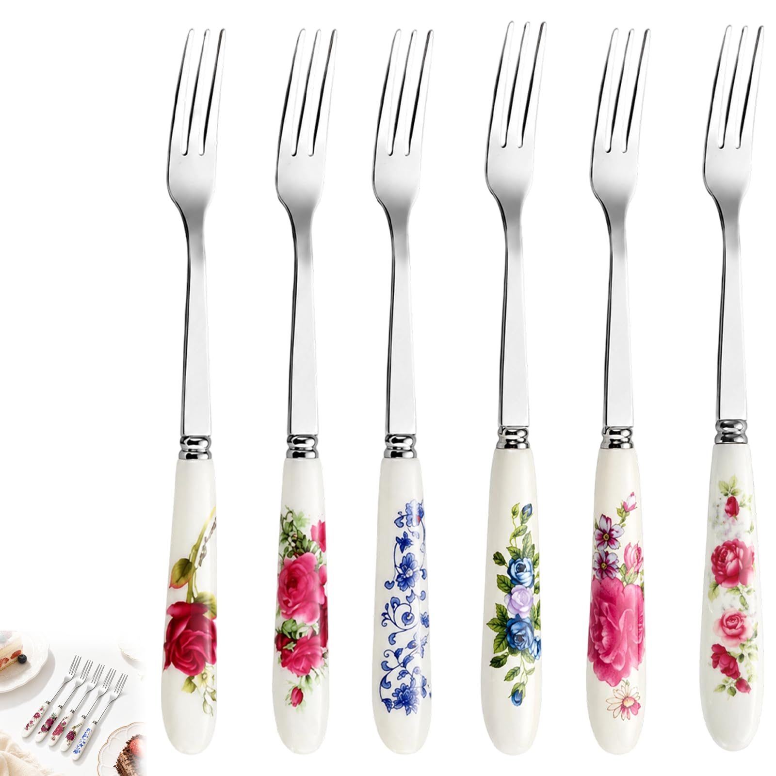 Cake Forks Set of 6, Stainless Steel Dessert Forks for Formal Parties and Family Gatherings, Multi-Design Small Fork for Cakes, Fruits, 15cm Vintage Ceramic Handles Floral Tableware