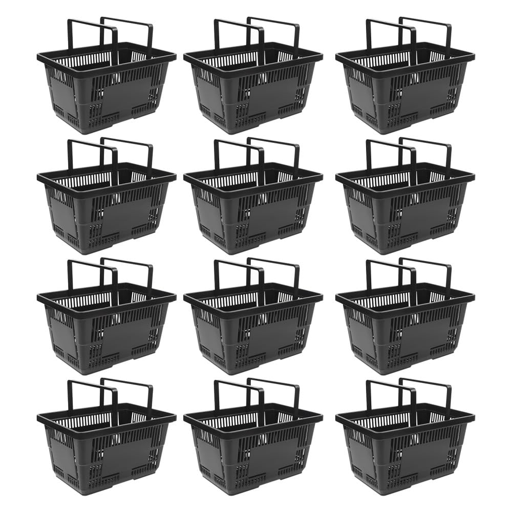 gucdaqc 12PCS Shopping Baskets with Handles, 28L Black Plastic Stackable Shopping Baskets, for Supermarket Grocery Shop Retail Store, 48 x 26 x 33cm