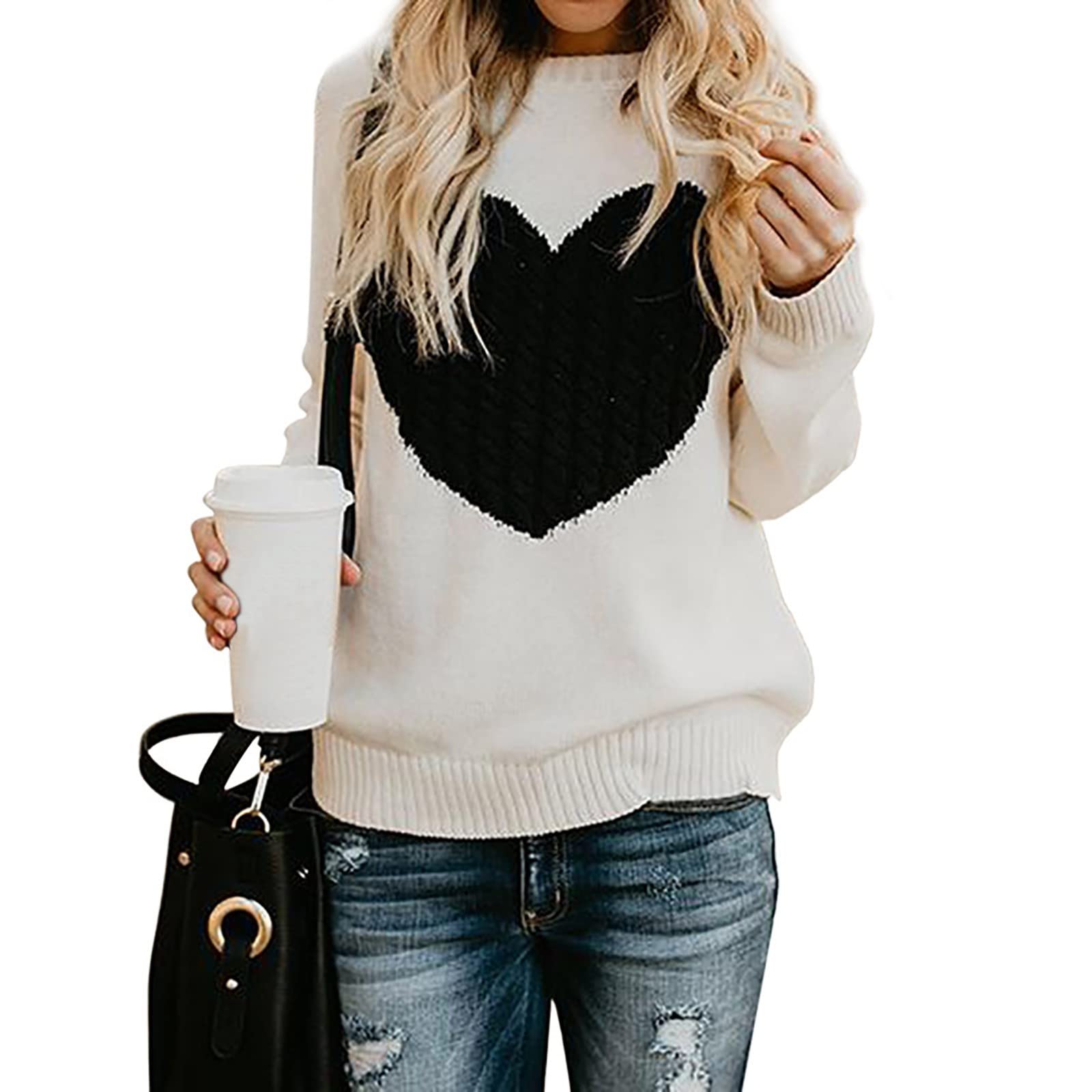 Heart Sweater for Women Valentines Long Sleeve Crew Neck Casual Cute Pullover Sweatshirt Fall Winter Ribbed Knit Tops