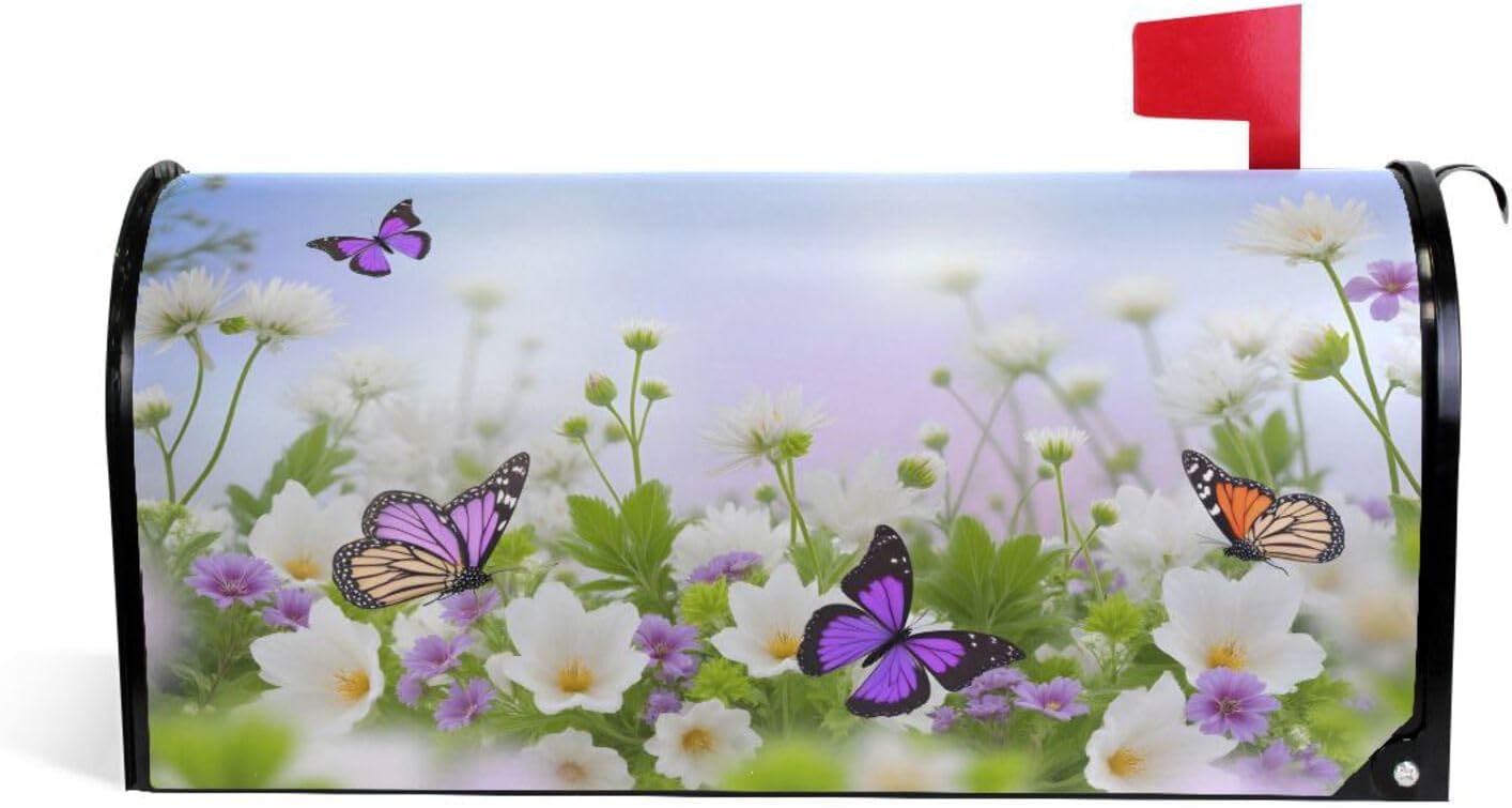 WOOR Butterfly Flying Flowers Garden Magnetic Mailbox Cover MailWraps Garden Yard Home Decor for Outside Standard Size-18"x 20.8"