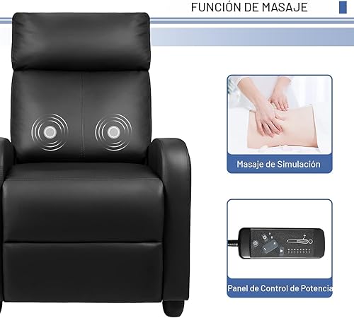 Miniatura 5 de Furniwell Silla reclinable de masaje para sala de estar, silla reclinable ajustable de piel sintética, asiento de cine en casa, moderno sofá Negro