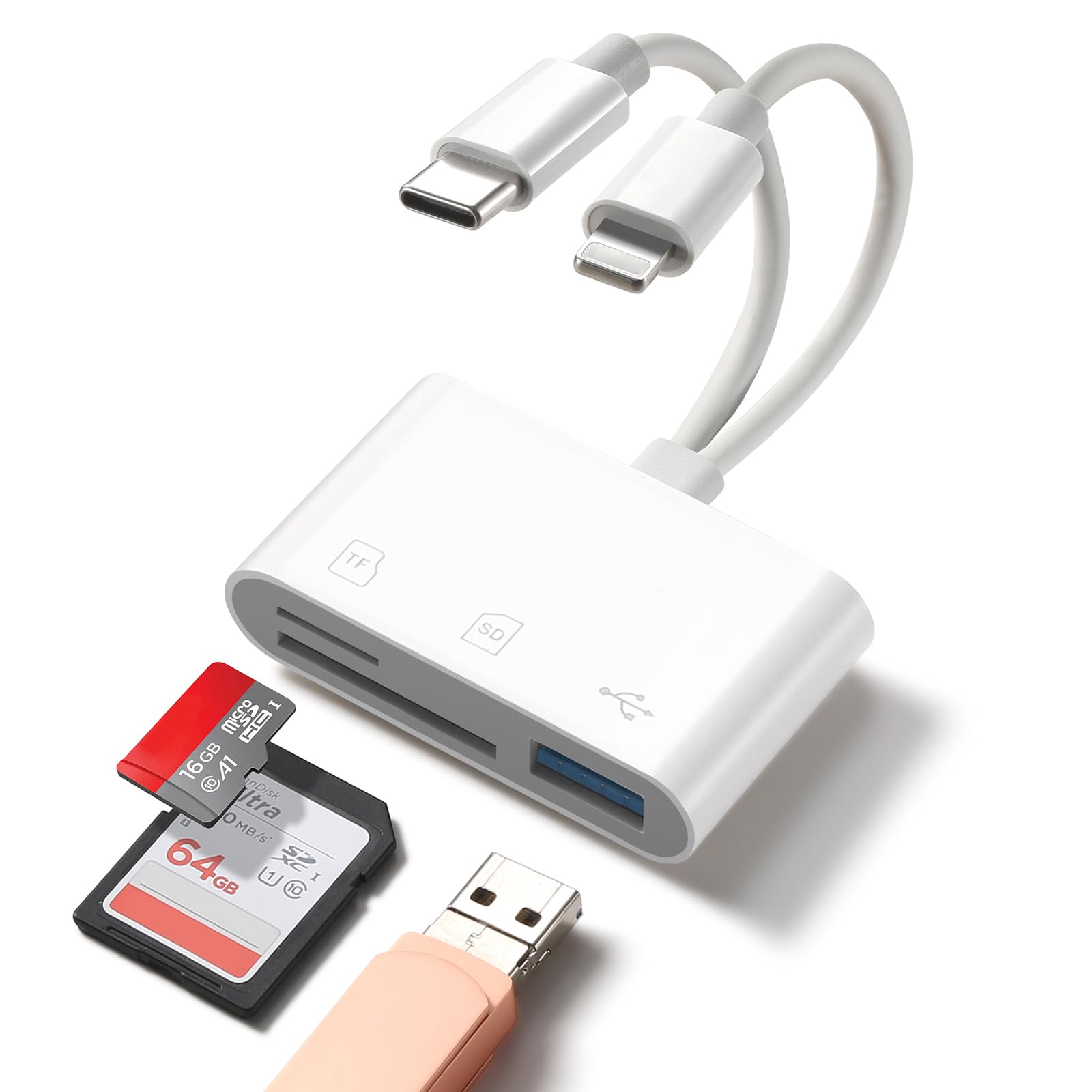 Photo 1 of WEZAFO SD Card Reader for iPhone Android, Memory Card Reader Built-in Dual iOS & USB C Connector Card Reader with USB-A/SD/MicroSD 3 Slots, No Application Required Plug and Play