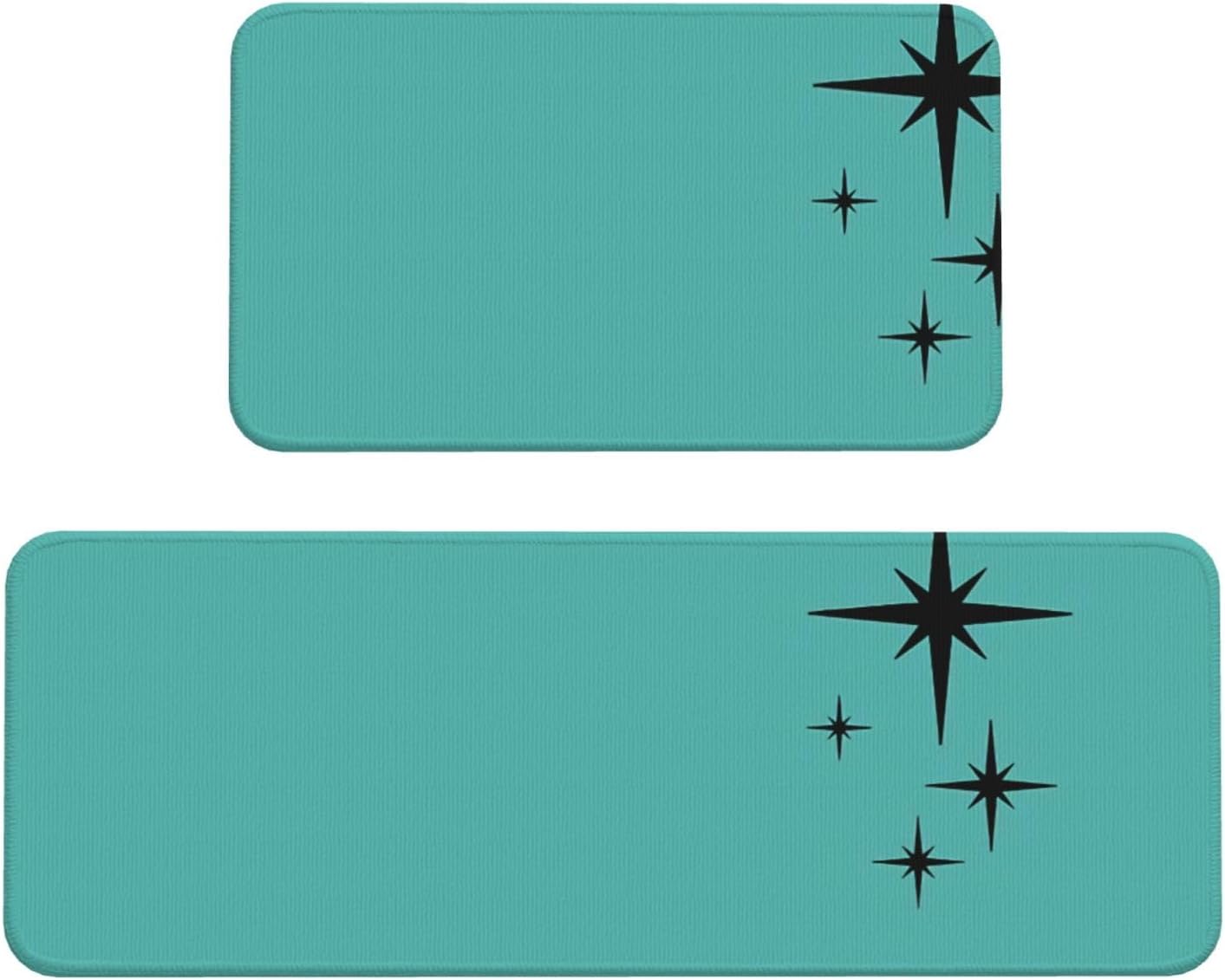 1950s Atomic Age Retro in Turquoise and Black Kitchen Mats Set of 2, Home Decor Kitchen Rugs for Floor - 17x29 and 17x47 Inch