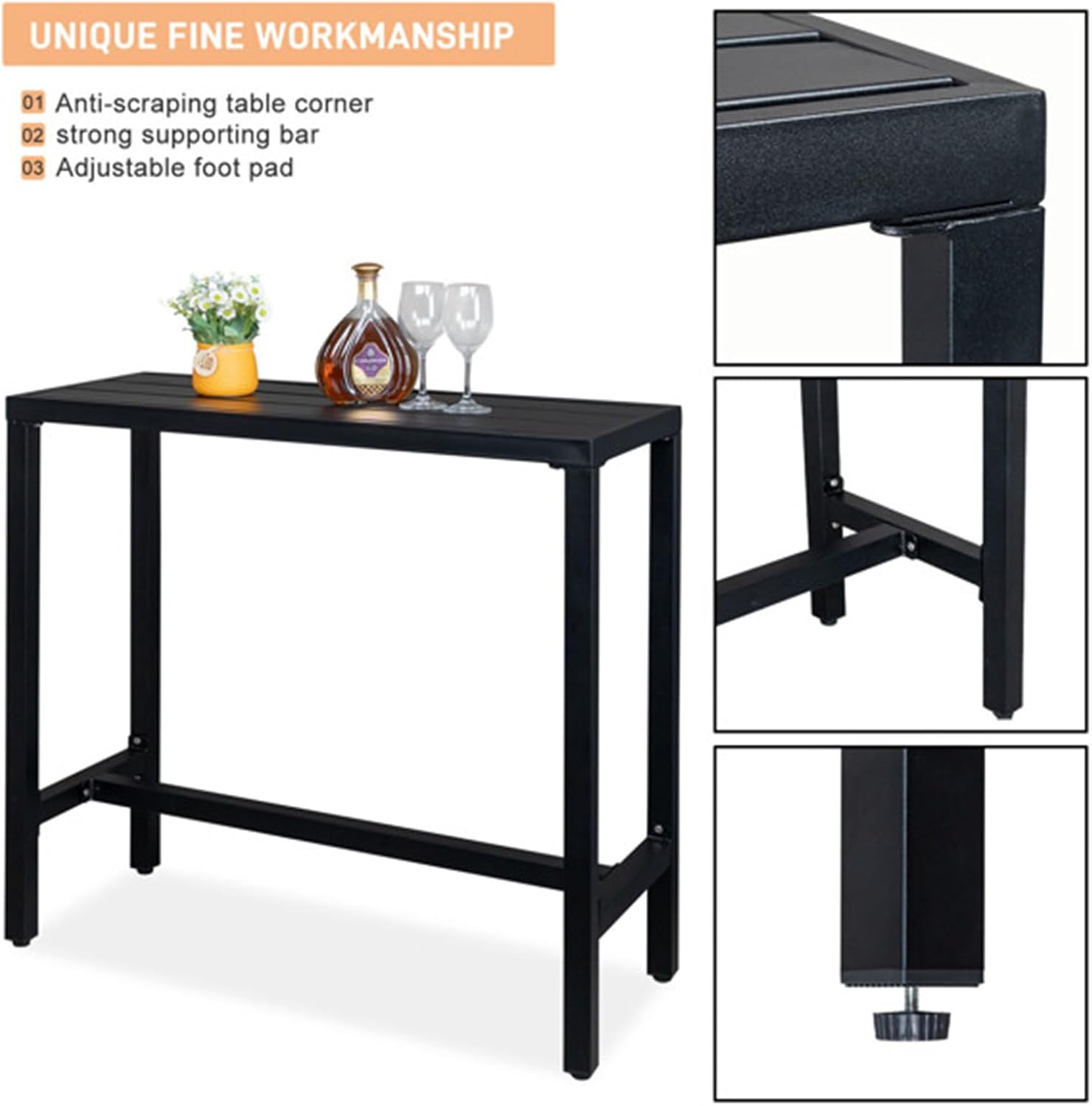 40 Inch Iron with Adjustment Knob Patio Bar Table Dessert Table Afternoon Tea Table for Outdoor Home Garden Patio Black