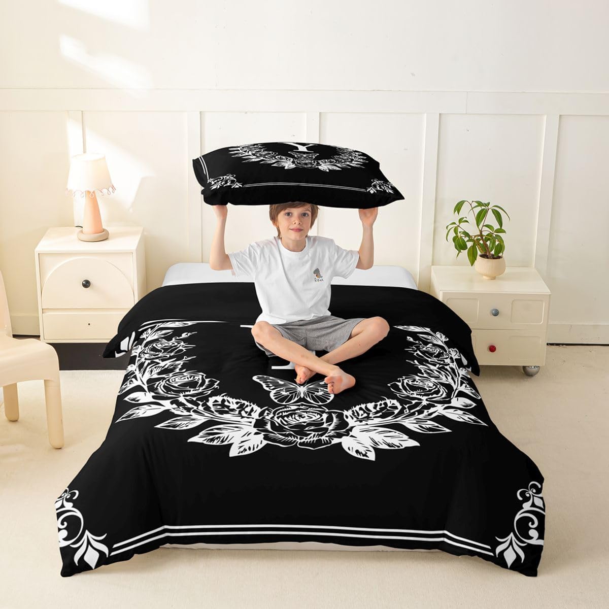 Erosebridal Monogram Letter Y Toddler Comforter Cover Butterfly Black and White Duvet Cover Boho Damask Floral Bedding Set for Kids Girls Adult Women Farmhouse Rustic Bed Sets with 1 Pillow Case