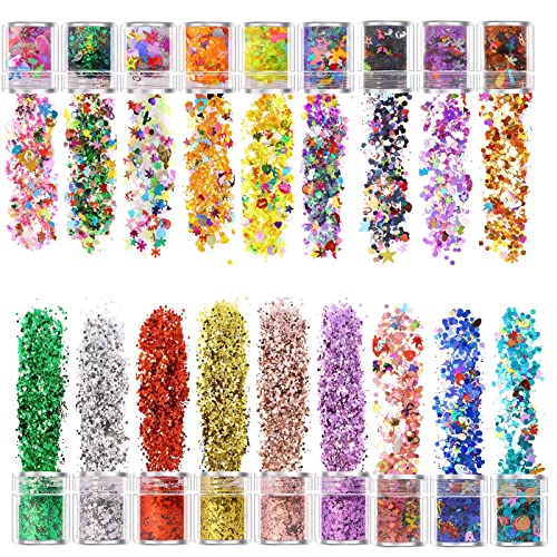 XUBX 18 Cajas 10ml Purpurinas Polvo, Chunky Glitter Flakes Paillette, Brillante Decoración Brillo Corporal para Cara Cuerpo,Brillo de uñas,Brillo de Cosméticos de Maquillaje para Festival Música Cover