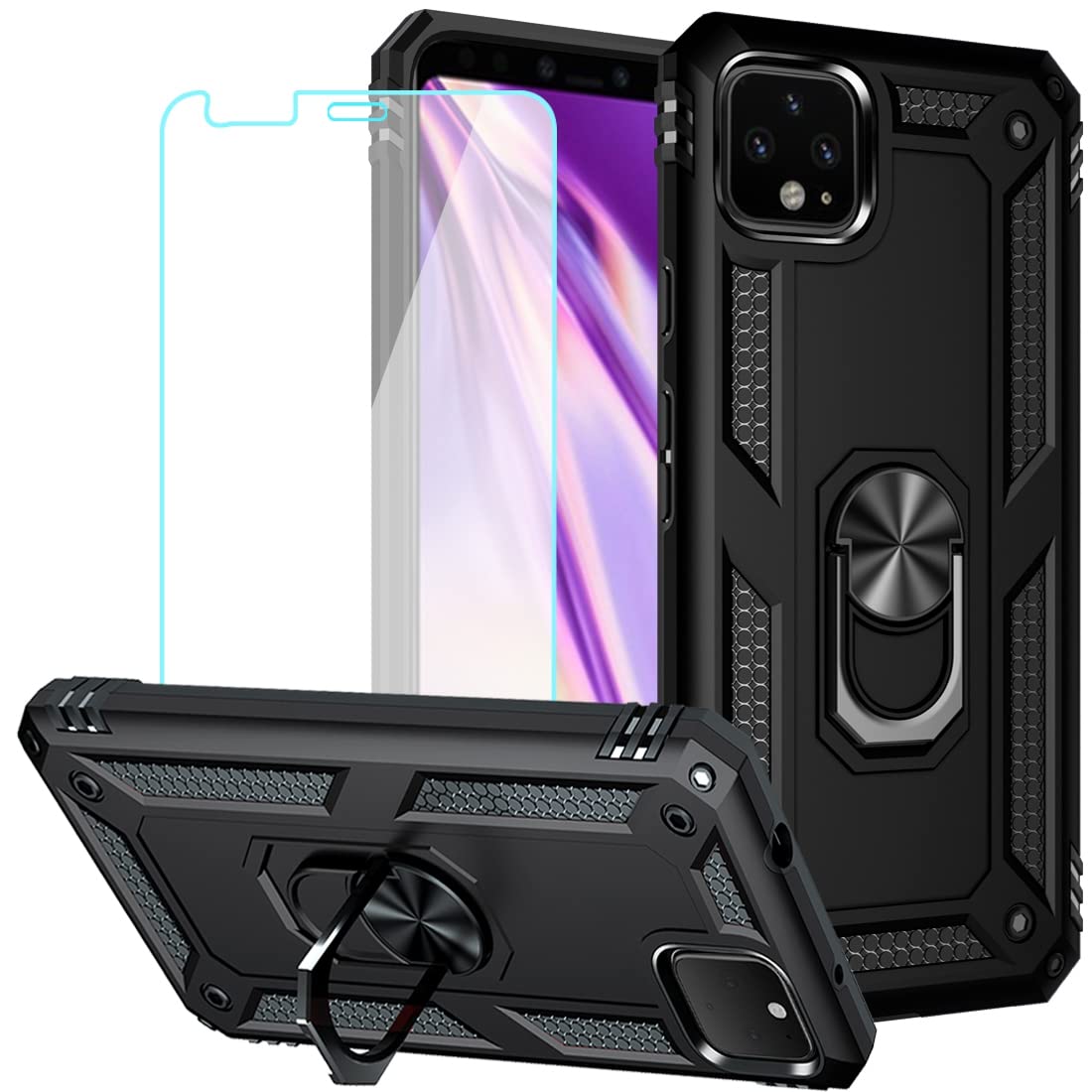 GA01181 Custodia Militare Per Google Pixel 4 XL Con Vetro Temperato - Anello Metallico E Supporto Magnetico - Nero