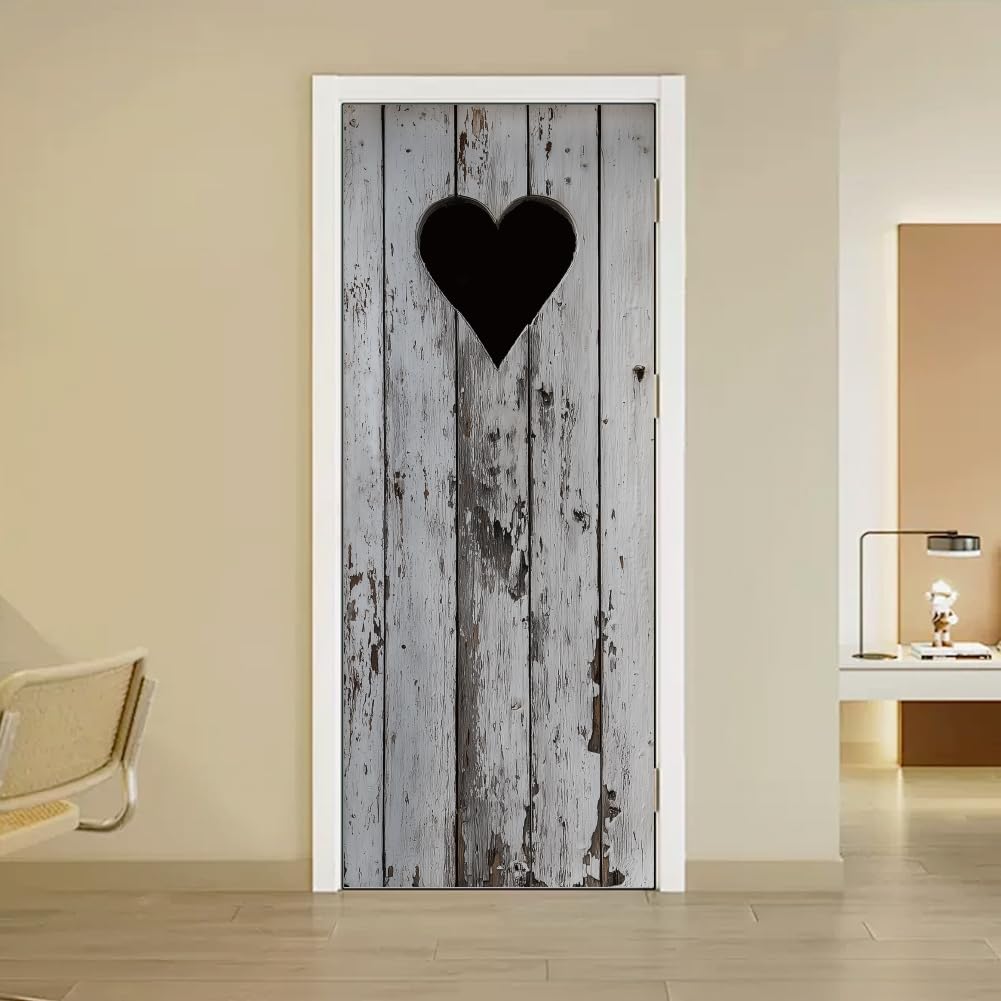 arricraft 2 Pcs Self-Adhesive Door Sticker, 31.5"x78.7" Rustic Style Black and White Shabby Heart Shape Door Murals Stickers PVC Removable Wallpaper Decoration for Bedrooms ​Living Room