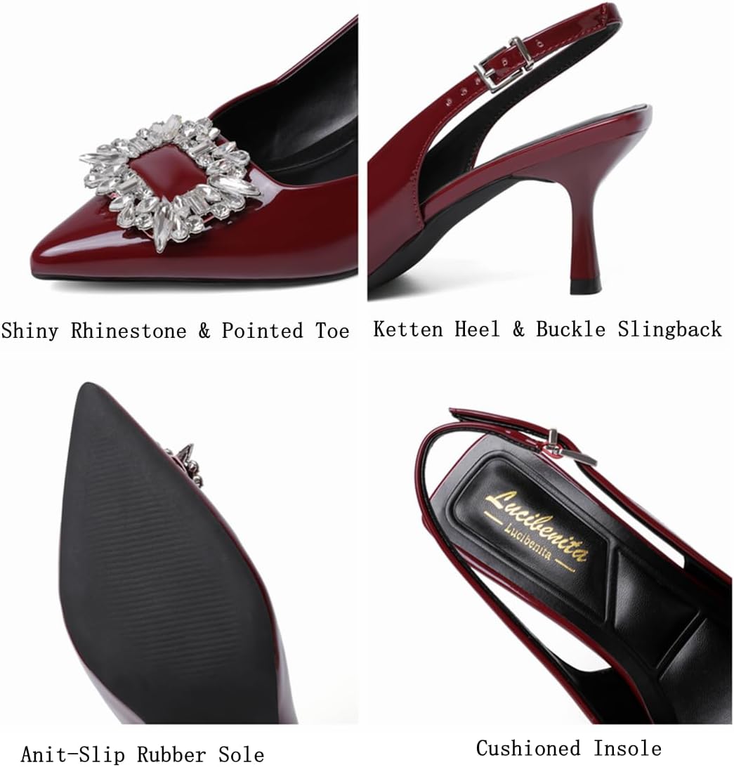 Women's Slingback Kitten Heels Closed Pointed Toe Dress Shoes with Rhinestone Wedding Party Pumps Patent Leather Dating Working