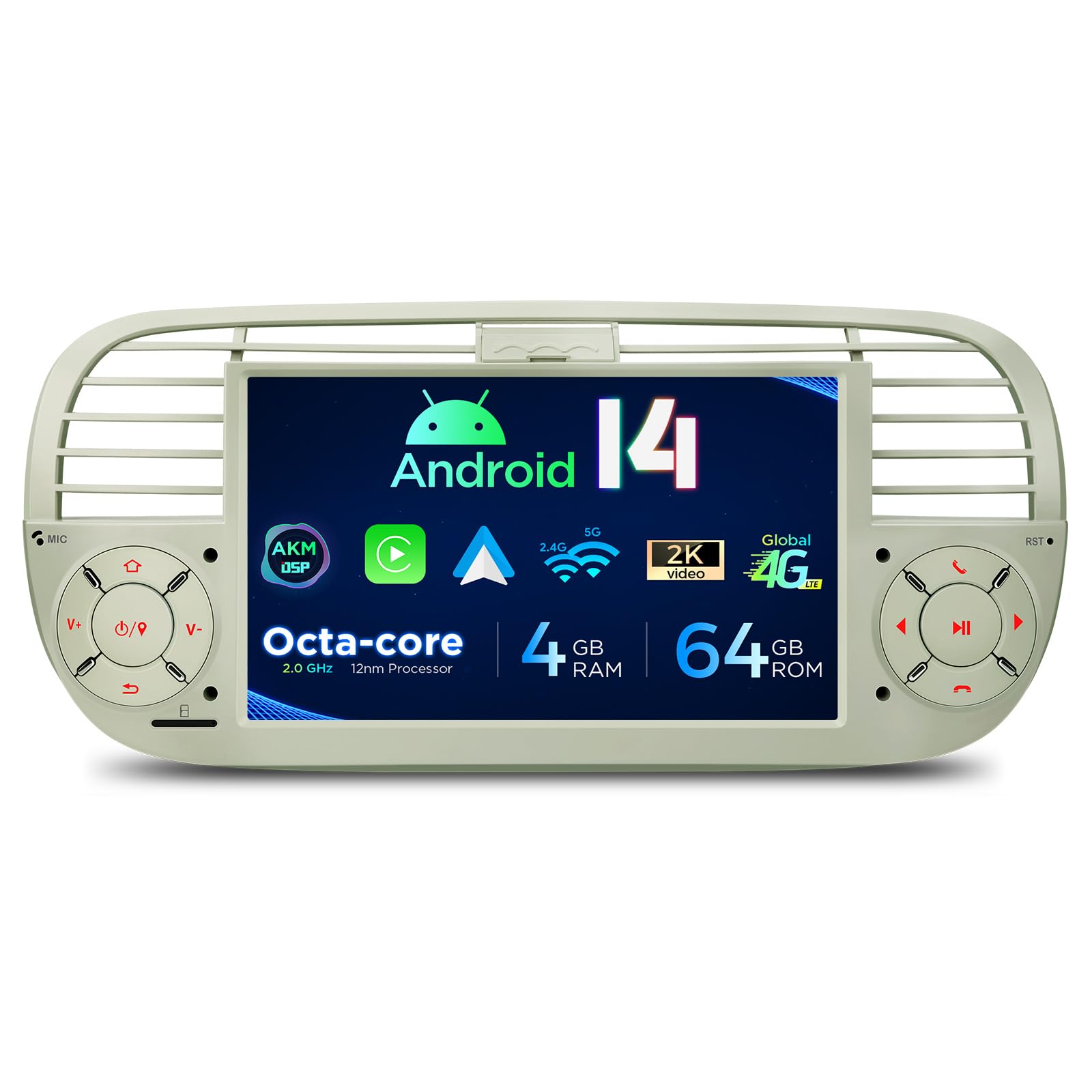 XTRONS for Fiat 500 (2007-2015) Touch Screen Radio, 7 Inch Android 13 Car Stereo for Fiat 500 Replacement Bluetooth Head Unit Built-in DSP Car Play Android Auto 4+64GB (Cream)