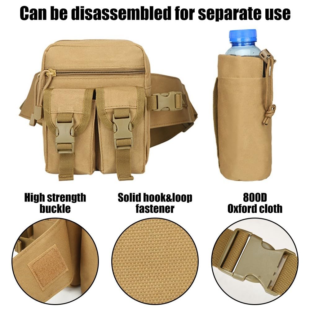 Hiking Waistpack,Waterproof Molle Hip Belt Bag w/Water Bottle Holder for Outdoor Cycling Hiking Climbing, Khaki - Image 3