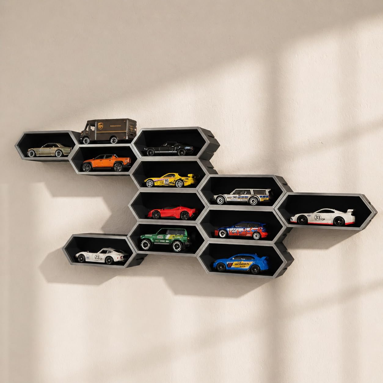 Modular Hot Wheels Wall Display Shelf | Hexagon Wall Shelf for 1/64 Diecast Cars | Matte Black Tool Free | Expandable Honeycomb Storage for Hotwheels, Matchbox & 1:64 Diecast Cars 1PC-image-44