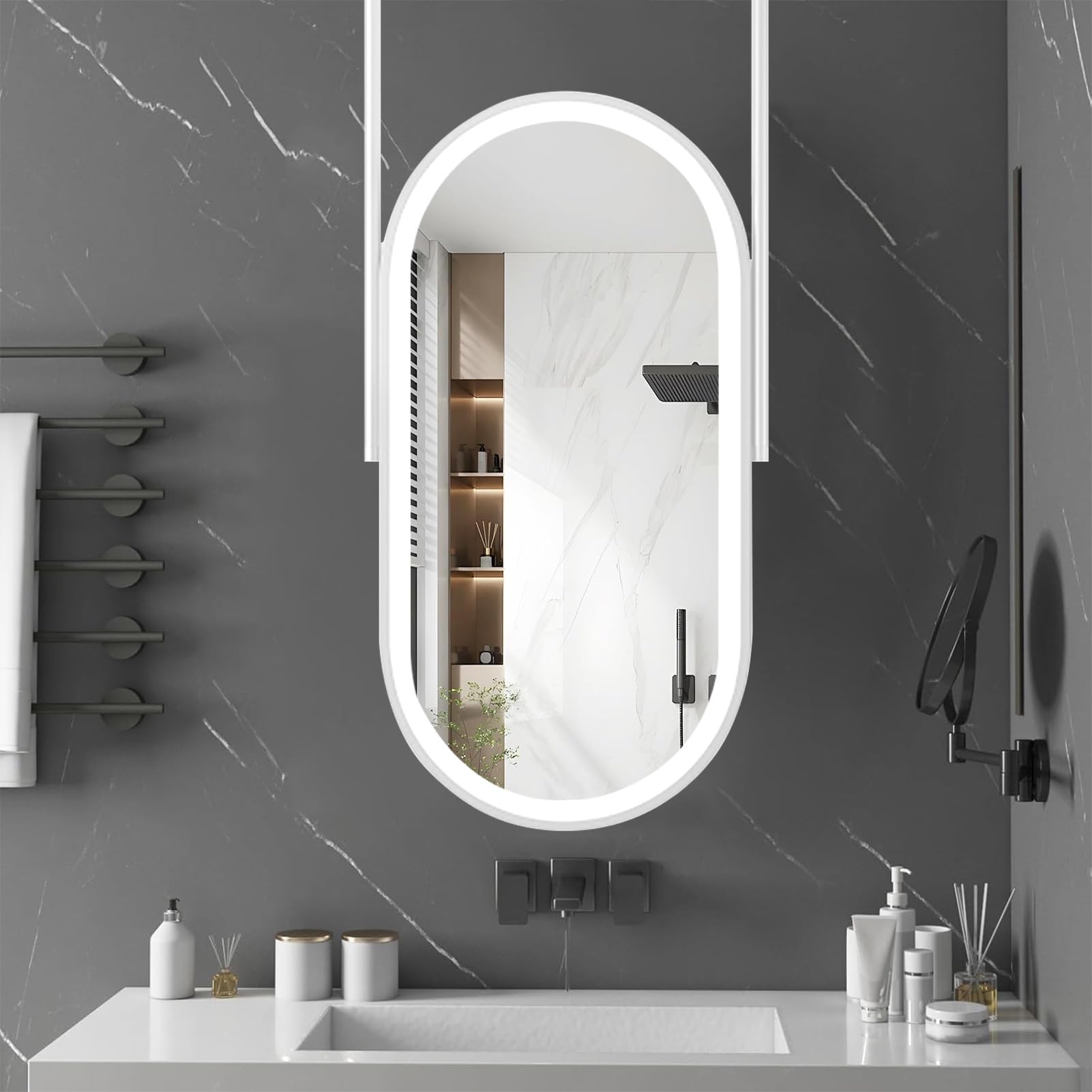 FGXHHS Wall Mirror Oval Ceiling Mounted with Light, LED Bathroom Creative Decorative for Home or Hotel - Boom can be Customizable(50cmx60cm)