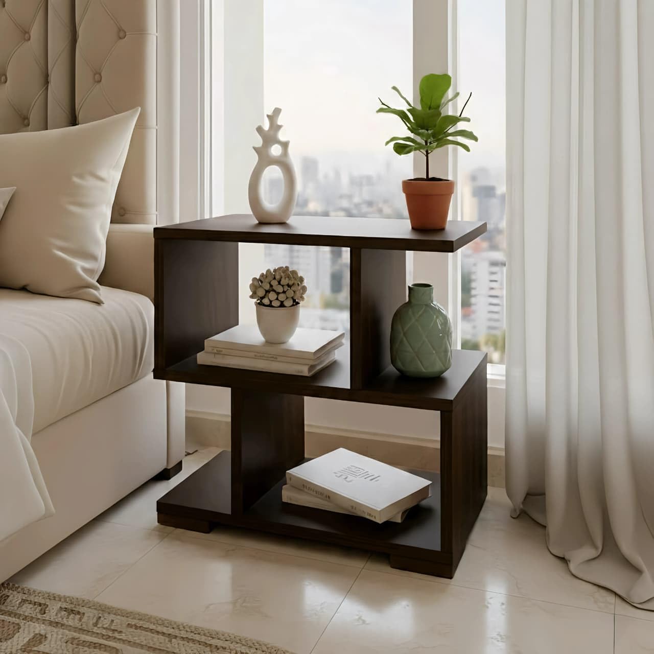 Modern Geometric End Table, Dark Brown Wood, Multi-Tier Side Table with Open Shelves, 54x51x20 cm-image-30