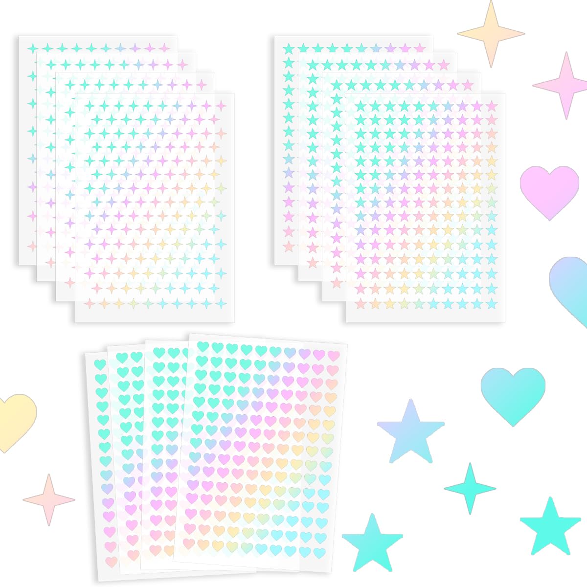 1800 Self-Adhesive Holographic Stickers for Kids Reward, Foil Star Heart Stickers Mini Cute Stickers for Home DIY Office Classroom Reward (Laser