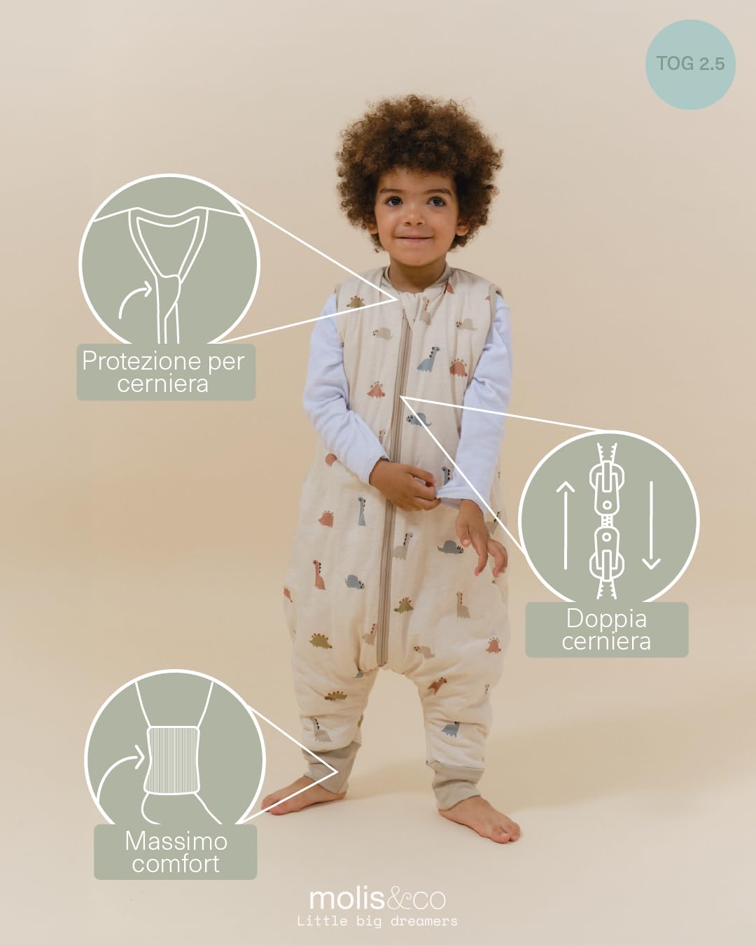 molis&co - Sacco Nanna con Piedini - Sacco Nanna Invernale per Bambini - Sacchi Nanna 2.5 tog con Piedini - 100% Cotone (Oeko-Tex 100) - Dinos (1 Anno)