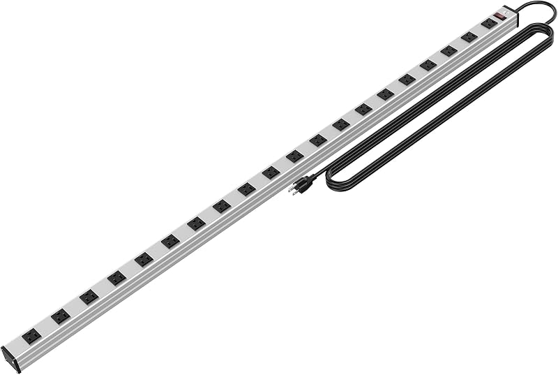Regleta de enchufes de metal resistente de 20 salidas, cable de extensión de 15 pies de largo con disyuntor. Soportes de montaje incluidos, uso en taller/industrial, certificado ETL