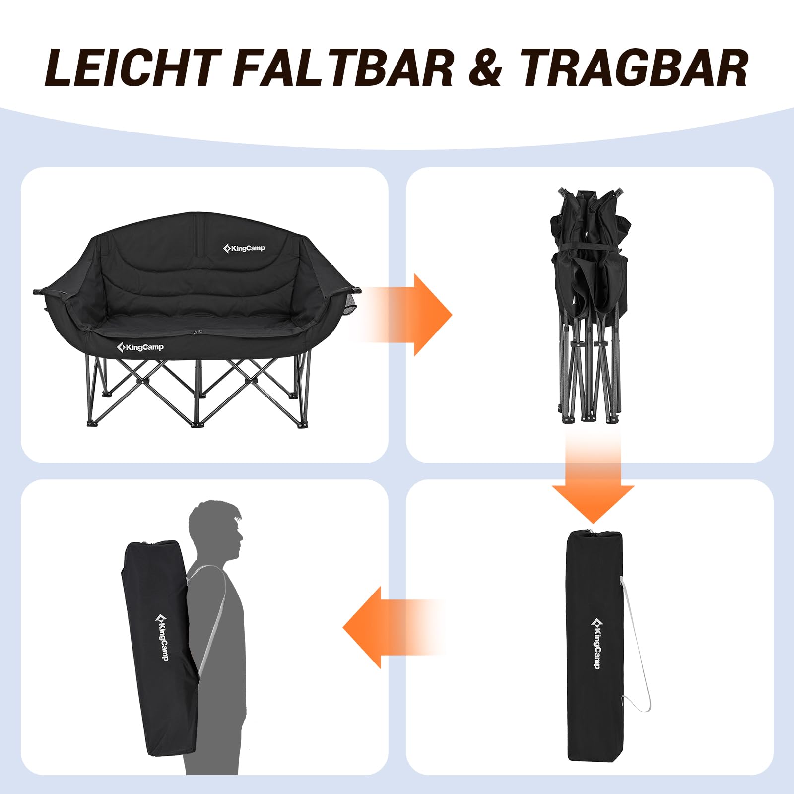 KingCamp XL Doppel Campingstuhl Faltbar bis 300kg Gepolstert Getränkehalter | Campingsessel Klappbar 2 Personen, Weinglashalter, Hochlehner, Armlehne & Tragetasche, Campingsofa 1 2 & 3 Sitzer für Garten