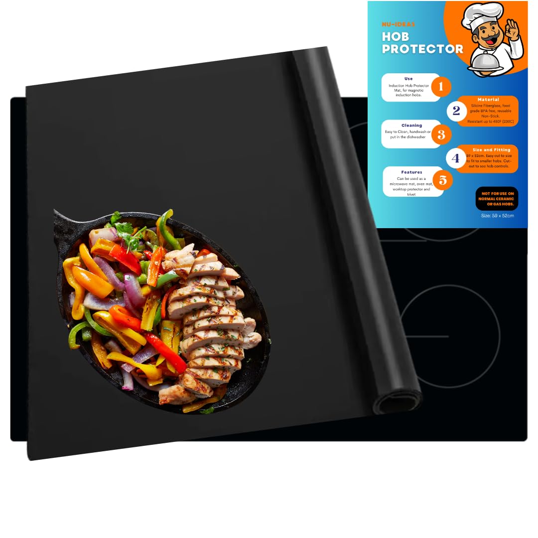 Protector de placa de inducción de 59 x 52 cm resistente al calor antideslizante de silicona protector de encimera para cocina (magnética) evita arañazos y rozaduras cortes a medida (Black, 59x52cm)