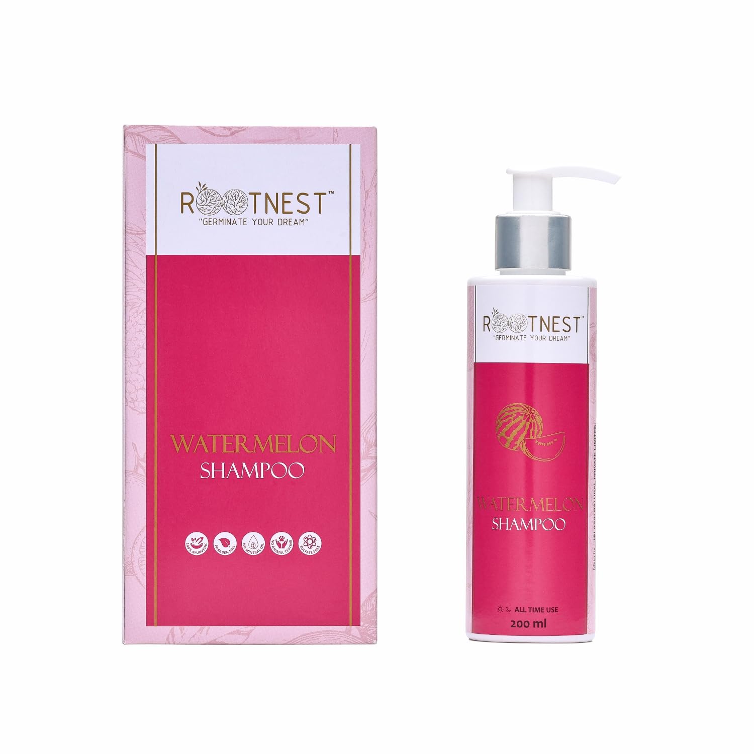 Rootnest Watermelon Hair Growth Shampoo | Controls Hair Fall, Damage & Breakage | Promotes Thicker, Stronger Hair | Ayurvedic & Natural | 200mL