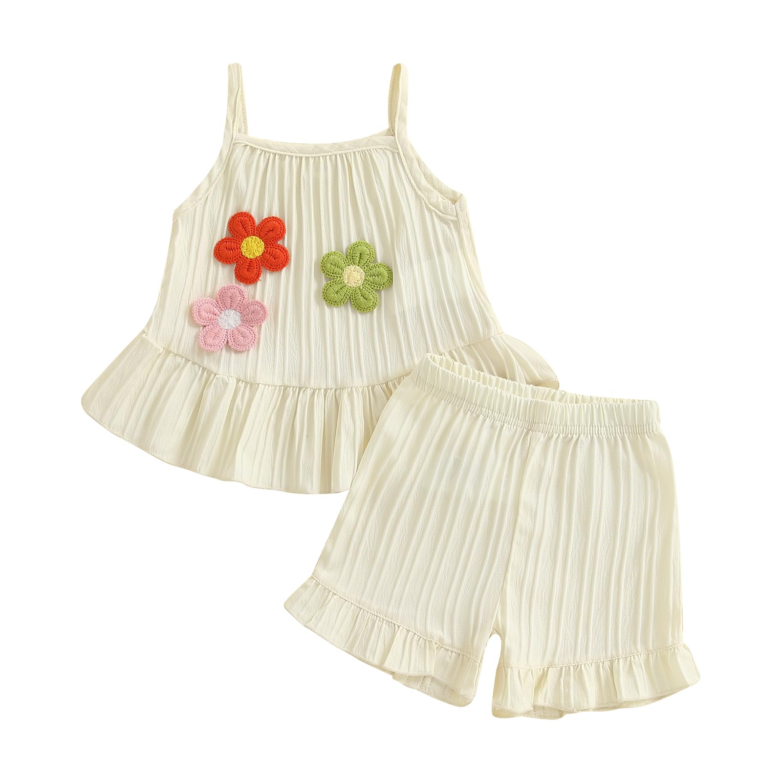 Finegoodwei Toddler Girls Summer Outfits 3D Flower Camisole Tops and Solid Color Ruffled Shorts 2 Pcs Set Fashion Clothes (Beige, 12-18 Months)