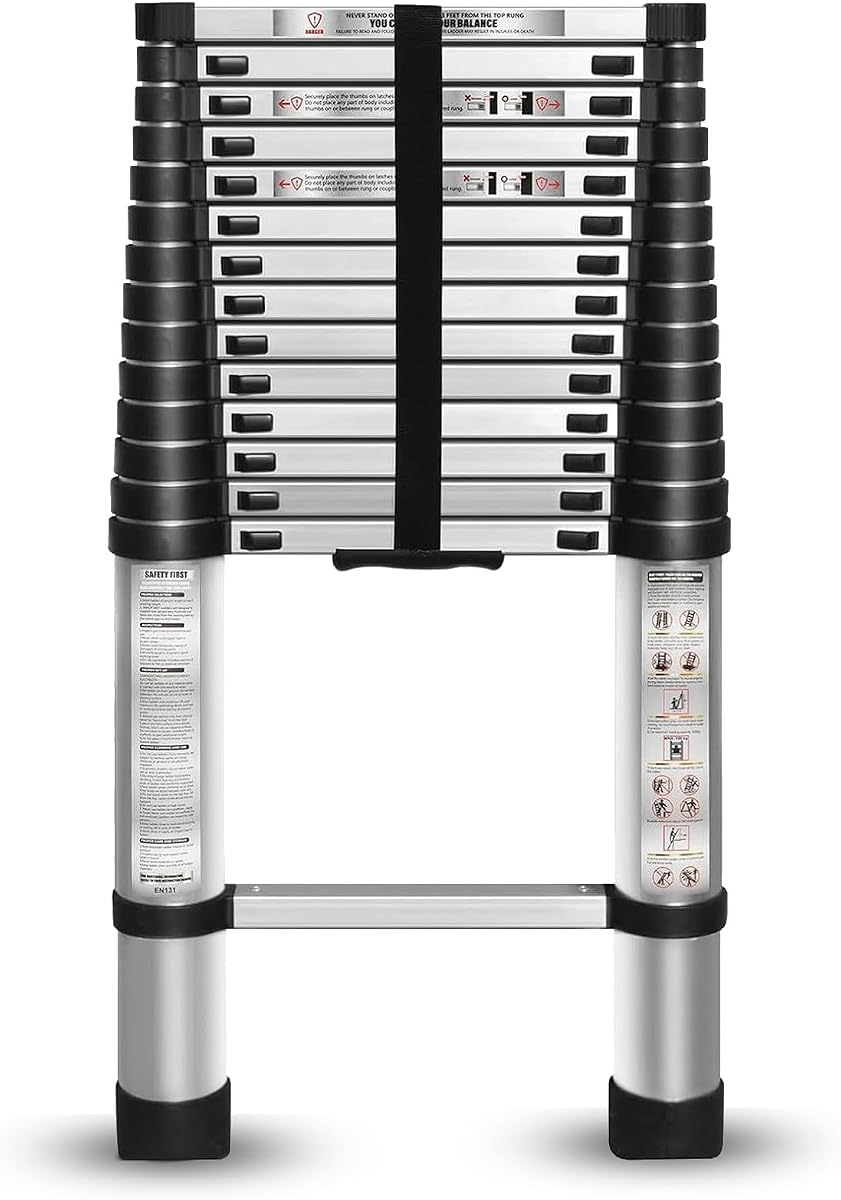 14.5 FT Telescoping Ladder One Button Retraction Aluminum Extension Ladder Collapsible Suitable for Outdoor or Indoor