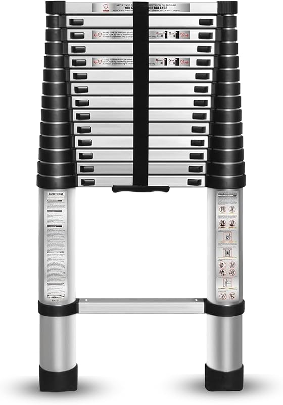 14.5 FT Telescoping Ladder One Button Retraction Aluminum Extension Ladder Collapsible Suitable for Outdoor or Indoor
